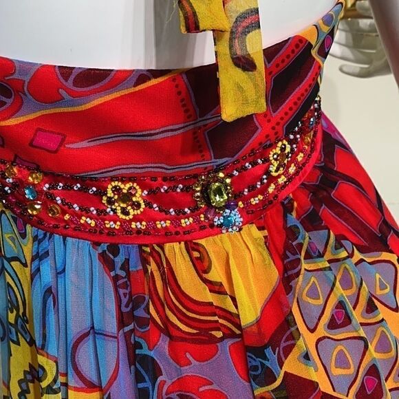 Sue Wong Beaded Printed Silk Chiffon Maxi Dress - Picture 10 of 15